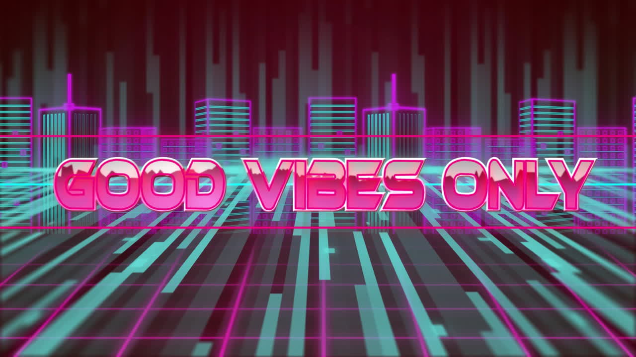 좋은 진동은 단지 텍스트 애니메이션을 통해 네온 도시 풍경과 미래의 격자 선