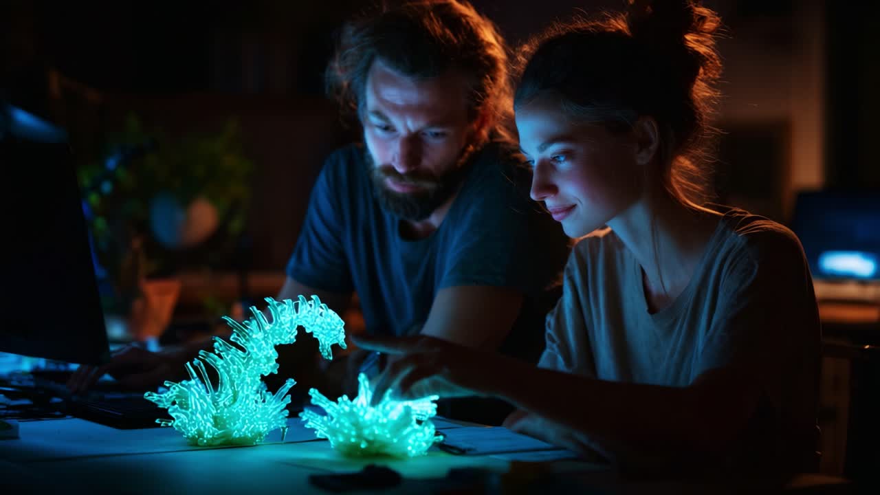 A Creative Collaboration: Two Innovators Engage in Artistic Experimentation with Luminous Sculptures in a Dimly Lit Workspace, Exploring the Intersection of Art and Technology