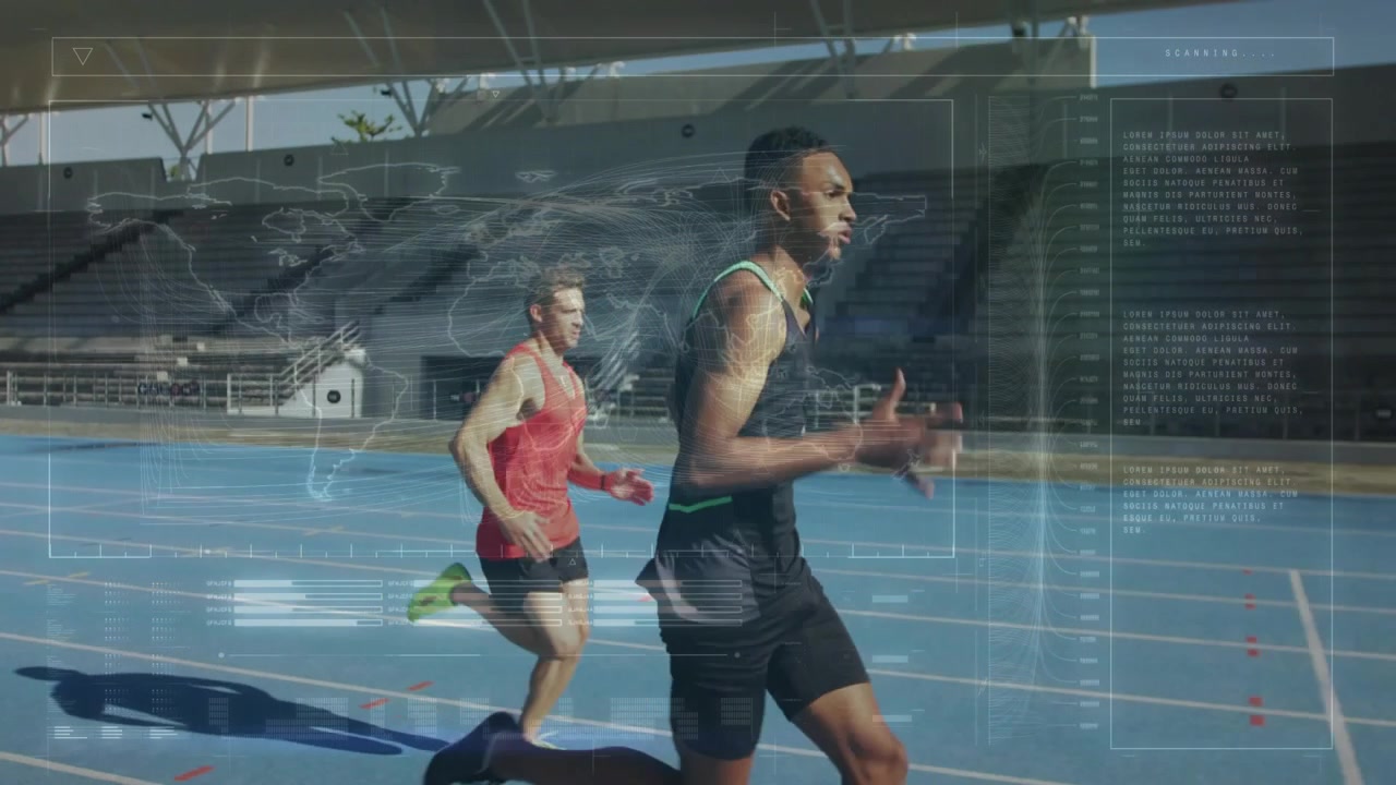 Sprinter maschi che guadagnano terreno su una pista blu, con un HUD che mappa i tempi parziali sui corridori in coda, e uno sprinter che riduce il divario.