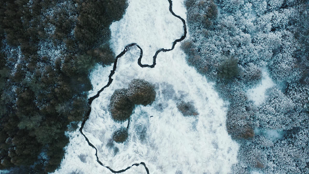 volando sobre un hermoso paisaje de bosque invernal con un río sinuoso
