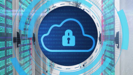 animation of circular scanner with cloud and padlock icons and data over server room