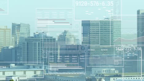 animation of financial data processing over cityscape