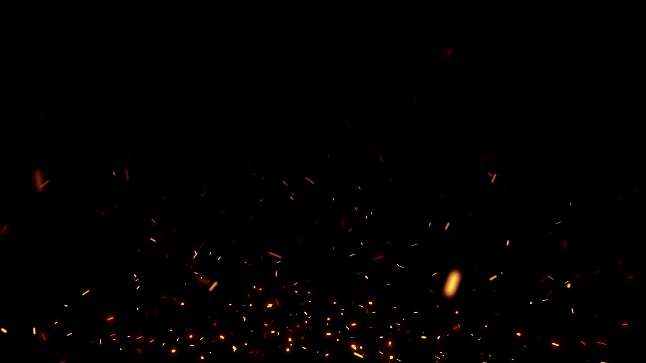 Fire sparks dust particles action background for screen overlay. 4K 3D Seamless loop animation dust and orange fiery. Abstract particle dust burning hot sparks random flowing on black background.