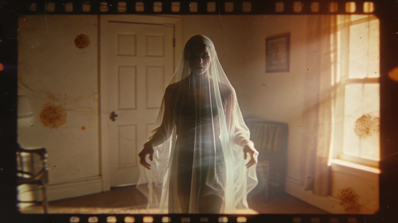 Stepping veiled woman advancing in small room, sunlight lifting veil and dress, becoming central