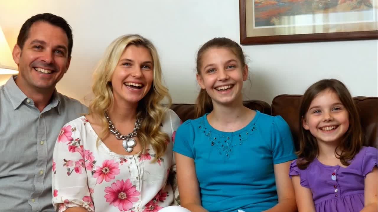 Cheerful Caucasian Family of Four Smiling Happily on Sofa