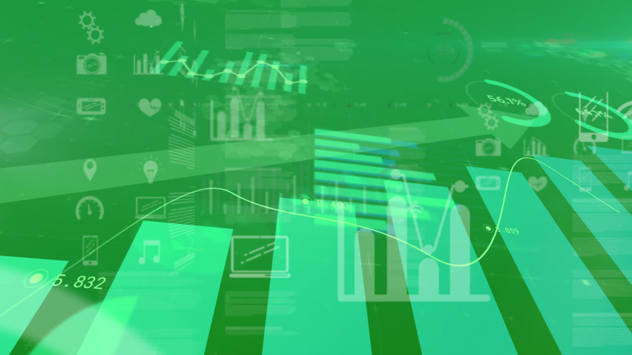 금융 데이터 처리의 디지털 애니메이션과 녹색 배경에 움직이는 디지털 아이콘