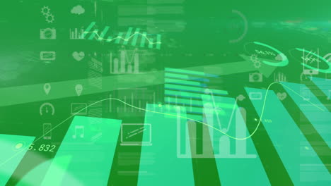 animación digital del procesamiento de datos financieros e iconos digitales que se mueven contra un fondo verde