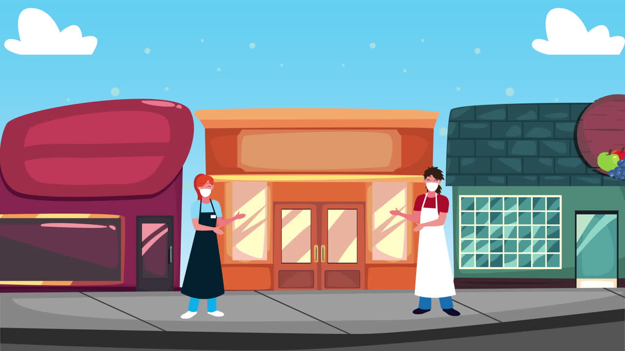 가게 앞에서 얼굴 마스크를 쓴 상인들