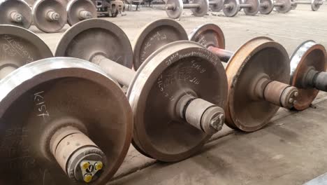 train wheels and axles in a railway workshop