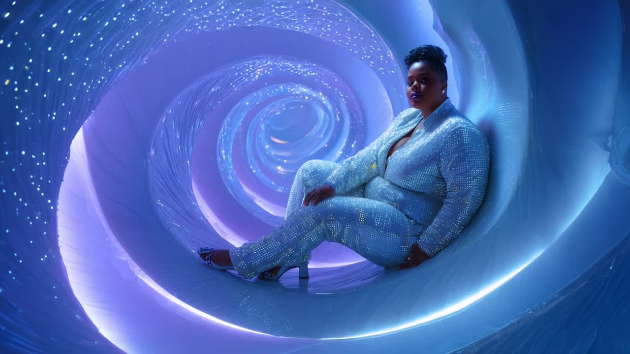 A Stunning Visual Experience Featuring an Elegant Subject in a Sparkling, Spiraling Blue Environment, Capturing the Essence of Style and Luminescence in a Unique Frame