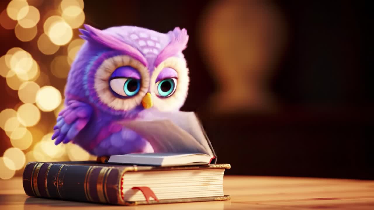 A Cute Animated Owl Curious About Books: Embracing Knowledge and Wonder While Perched on a Stack of Old Books Surrounded by a Warm and Inviting Background
