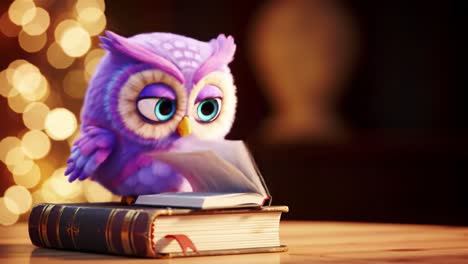 a cute animated owl curious about books: embracing knowledge and wonder while perched on a stack of old books surrounded by a warm and inviting background