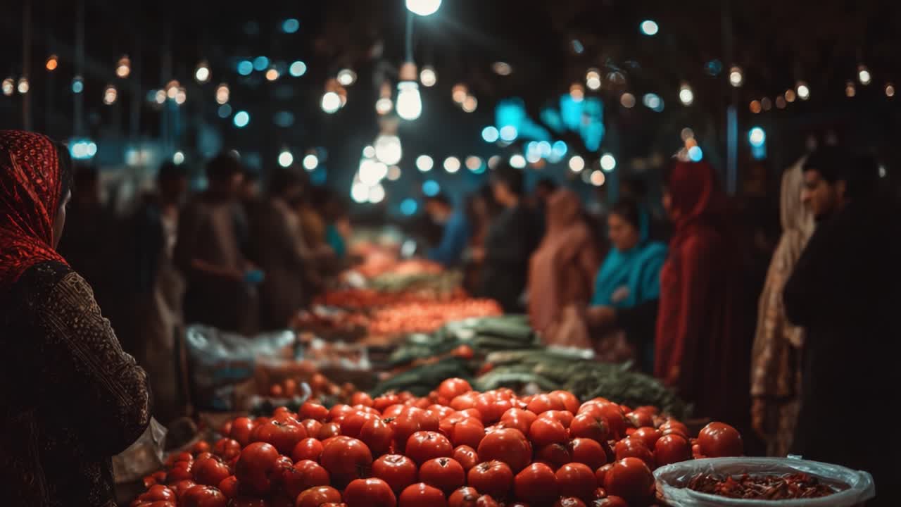Bustling Night Market Scene Highlighting Fresh Produce: A Vibrant Display of Red Tomatoes and Lively Customers Amidst Soft Lighting and Rich Colors