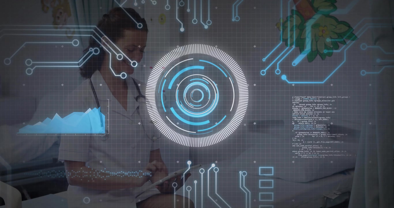 Nurse sitting using tablet in hospital, displaying holographic HUD chart with circuit code lines