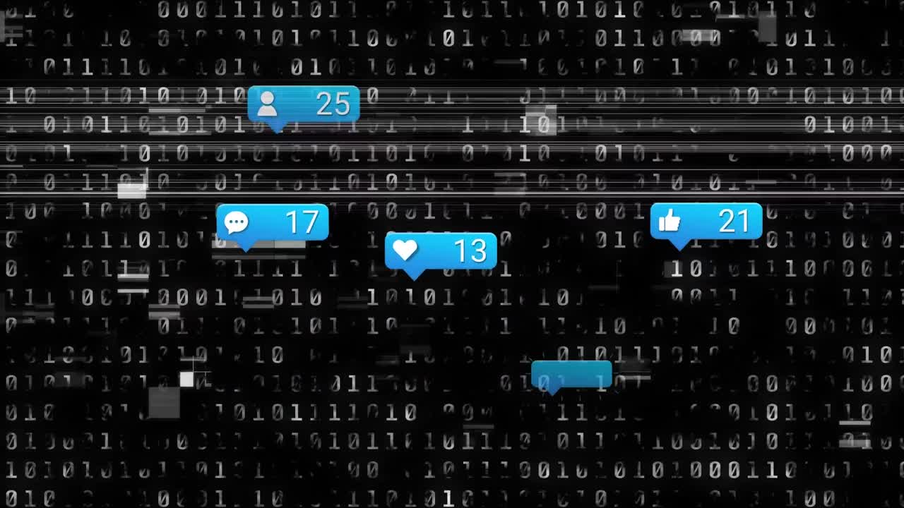 Animation of social media icons and numbers with binary coding on black background