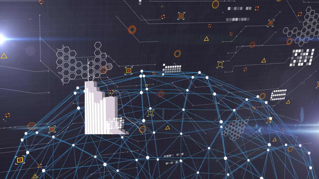 Network of connections and data processing animation over digital grid background