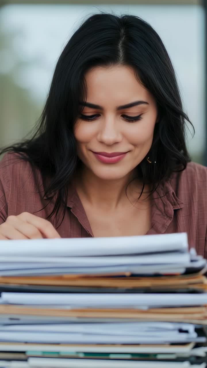 Vertical video: Glancing down at stack, woman in brown blouse flipping folders at table for review