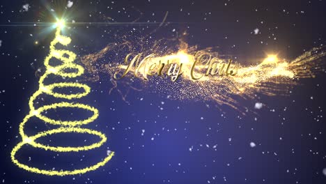 stylish blue christmas motion graphic with animated snow and spiral christmas tree in glittering sparkles with a firework burst revealing the star on top, and the message �merry christmas??