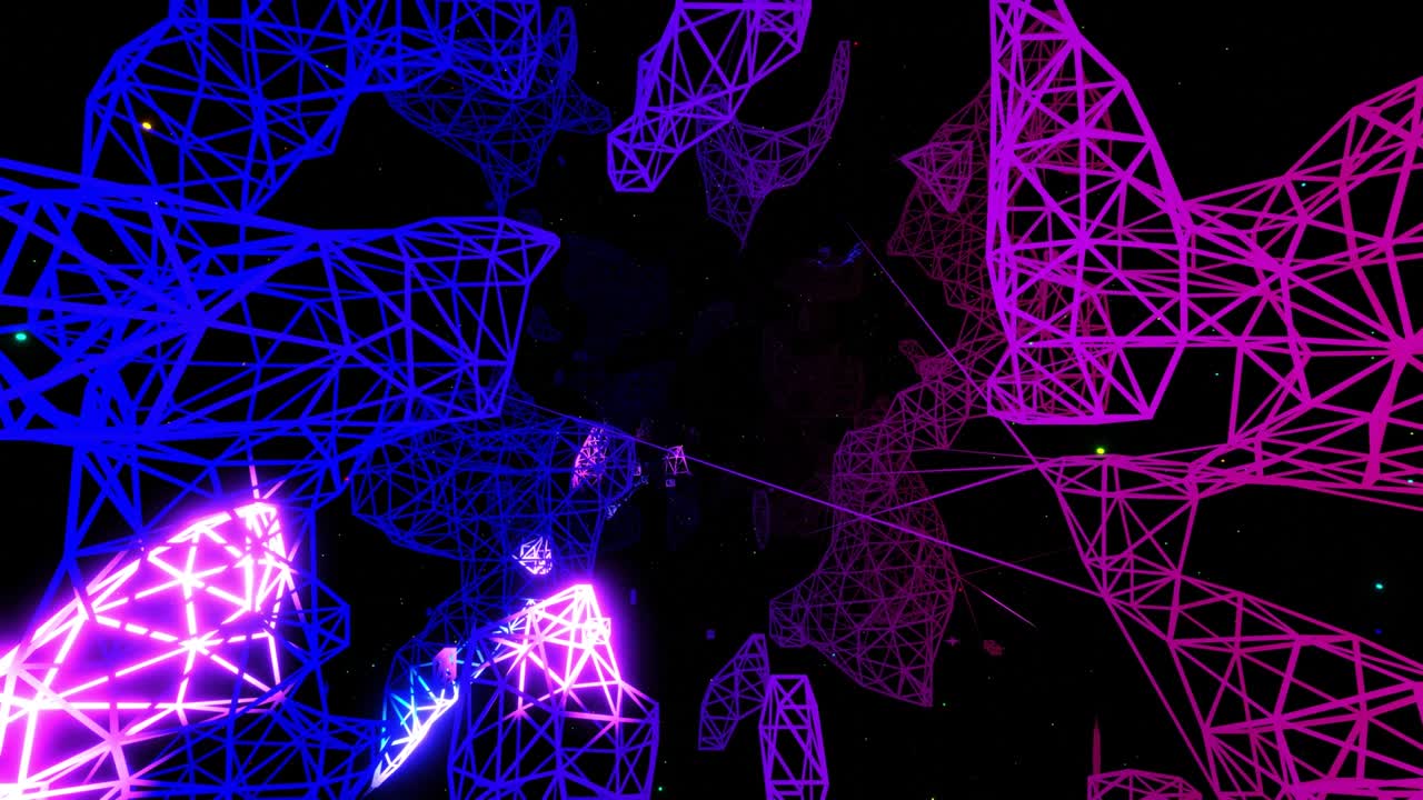 el vuelo en bucle a través del espacio 3d con estructura de red compleja, luz de neón. sci fi bg, plexus de alta tecnología, marcos futuristas con luz de neó en él. concepto de flujo de datos de información. diseño de movimiento en bucle 3d bg