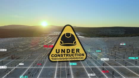 bajo un cartel de construcción e infografías frente a un sitio de proyecto de campo solar