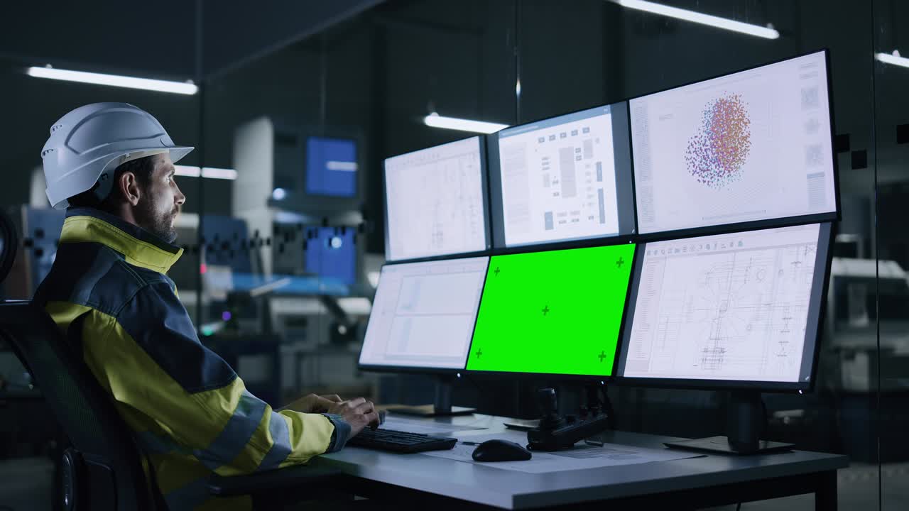 Industry 4.0 Modern Factory: Handsome Male Operator Controls Facility, Uses Computer with Multiple Screens Including: Green Screen / Chroma Key, AI Concept, Machine Learning UI