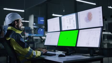 industry 4.0 modern factory: handsome male operator controls facility, uses computer with multiple screens including: green screen / chroma key, ai concept, machine learning ui