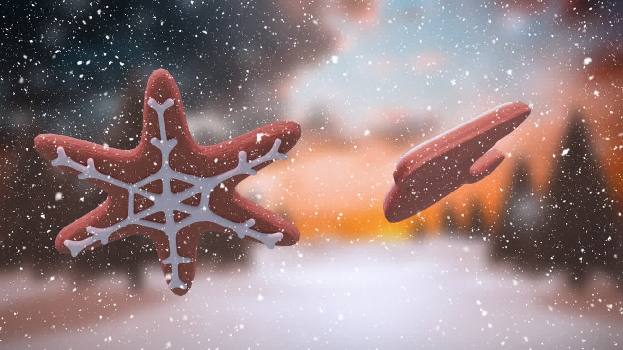 animación de galletas de jengibre de navidad sobre copos de nieve que caen y paisajes de invierno