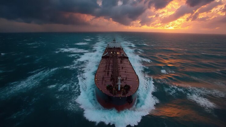 A Dramatic View of a Large Tanker Ship Cutting Through Turbulent Waters Under an Illuminated Sky at Sunset Amidst Ominous Clouds