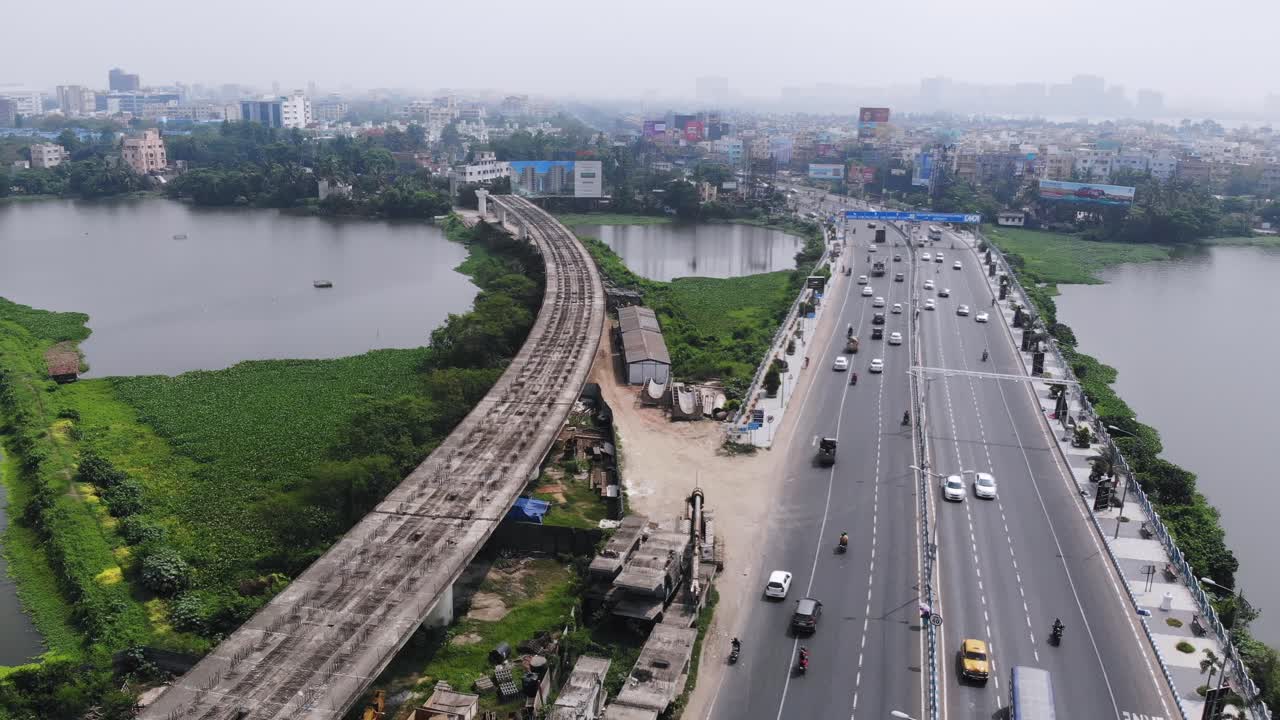 Beautiful aerial shot of India's highway with metro construction work for a new India in Kolkata