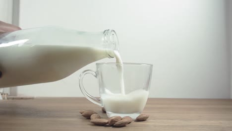 person is pouring a glass of biological milk, oval shaped seed of almond tree located near the glass, healthy nutrition concept