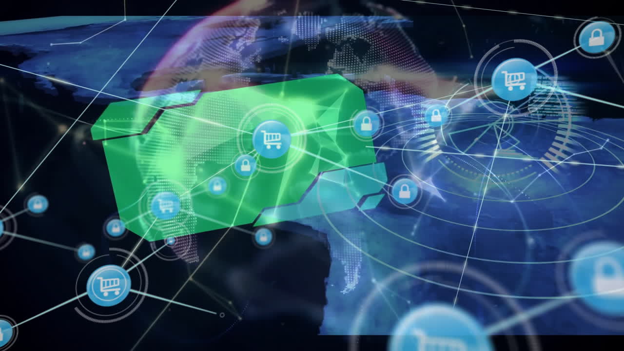 연결된 아이콘의 애니메이션, 지구상의 추상적인 패턴과 검은색 배경의 연결된 점