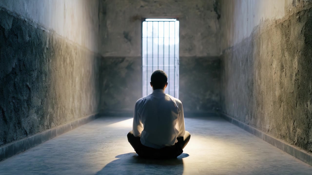 A Solitary Figure Meditates in an Abandoned Space, Capturing Themes of Isolation, Reflection, and the Quest for Freedom Amidst Confinement and Darkness