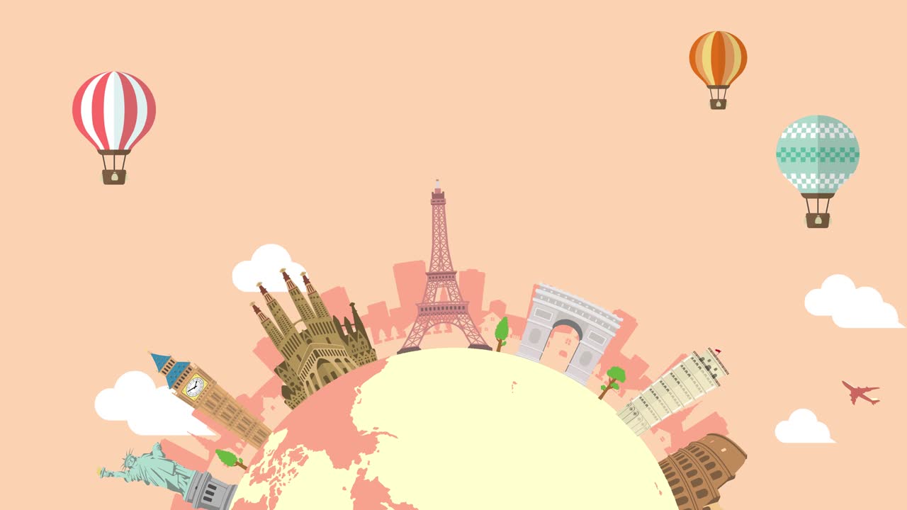 旅行、休暇、観光アニメーションバナー (4K)。世界遺産と世界的に有名な建物。テキストなしバージョン