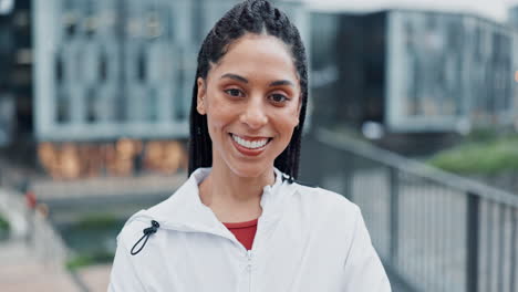 fitness, happy and face of woman in the city
