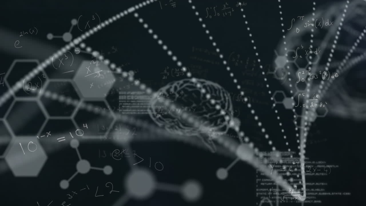 과학적 데이터 처리, 인간 뇌 및 dna 가닥 스피닝의 애니메이션