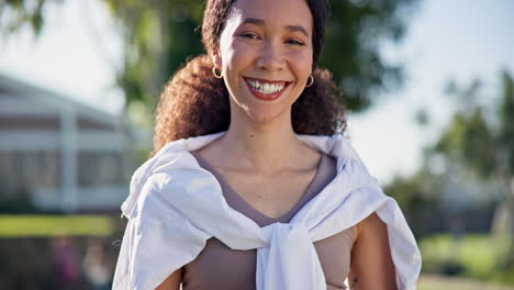 smile, fitness and face of woman in park