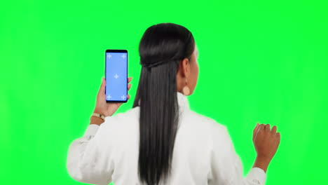 Woman,-phone-and-invisible-green-screen