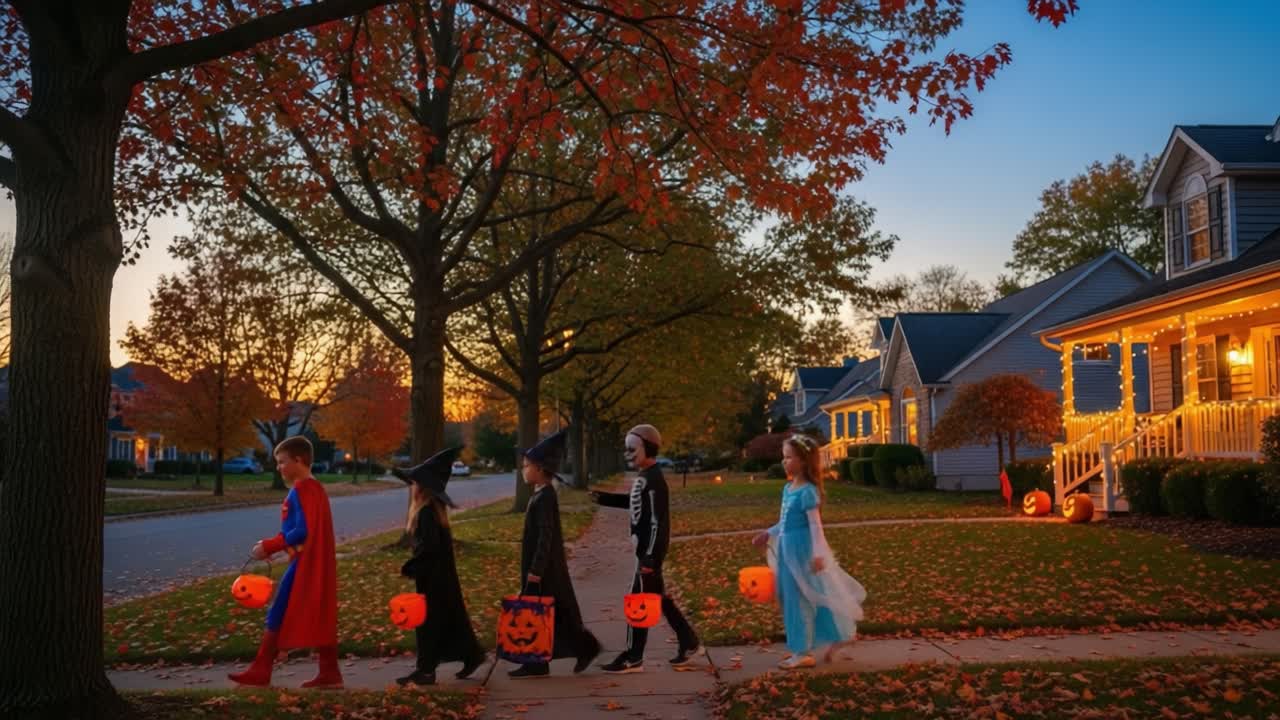 A Group of Children in Costumes Enjoying a Vibrant Halloween Evening, Collecting Candy with Pumpkin Buckets Under a Setting Sun and Colorful Autumn Foliage