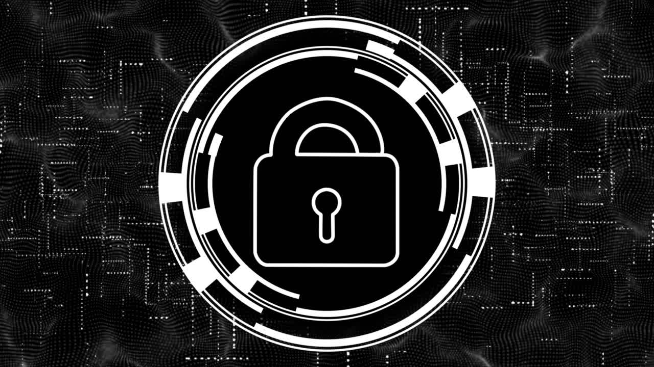 complejo y elegante diseño de cerradura cibernética giratoria circular animada - la cerradura es hackeada abriendo para que se acceda a los datos de estilo binario - todos colores blancos