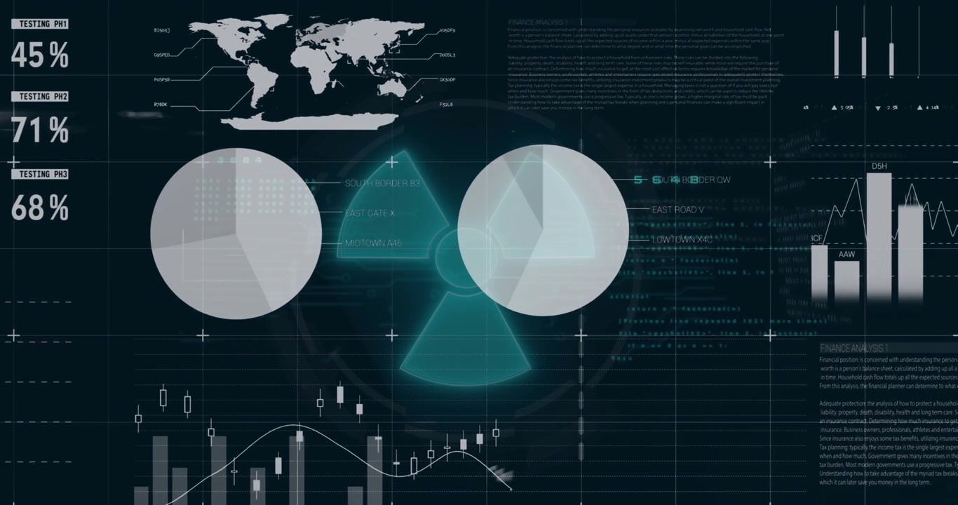 Animation of infographic interface over radiation danger symbol against black background