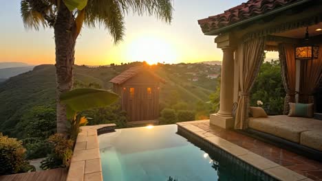 a pool with a couch and a gazebo next to a swimming pool