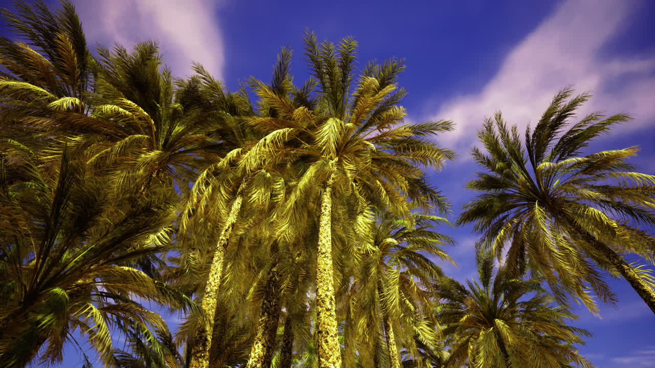 Lush palm trees sway under a clear blue sky on a sunny day
