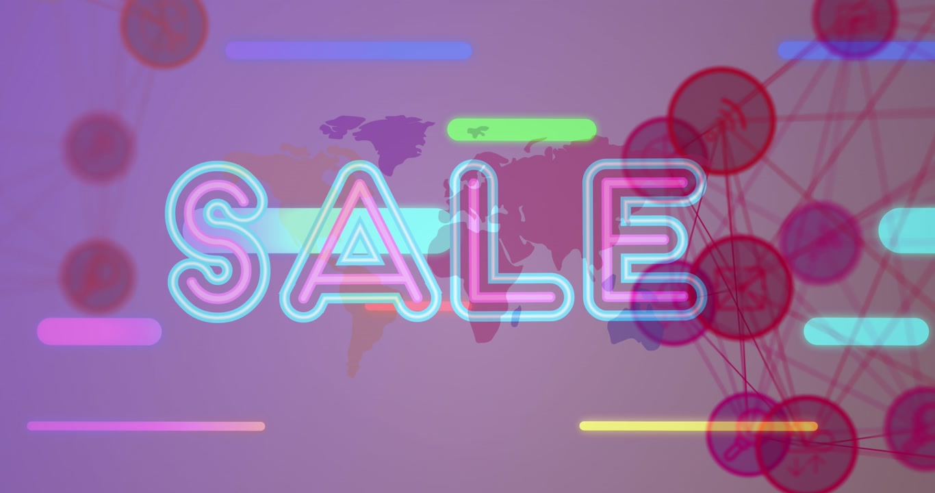 Neon Sale Text Appears Over Animated Global Network and World Map
