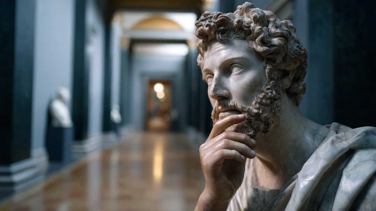 Scultura in marmo pensierosa di un filosofo, che presenta dettagli intricati e un'espressione contemplativa, ambientata in un contesto di galleria d'arte museale.