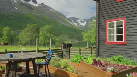 scenic mountain view with house and garden