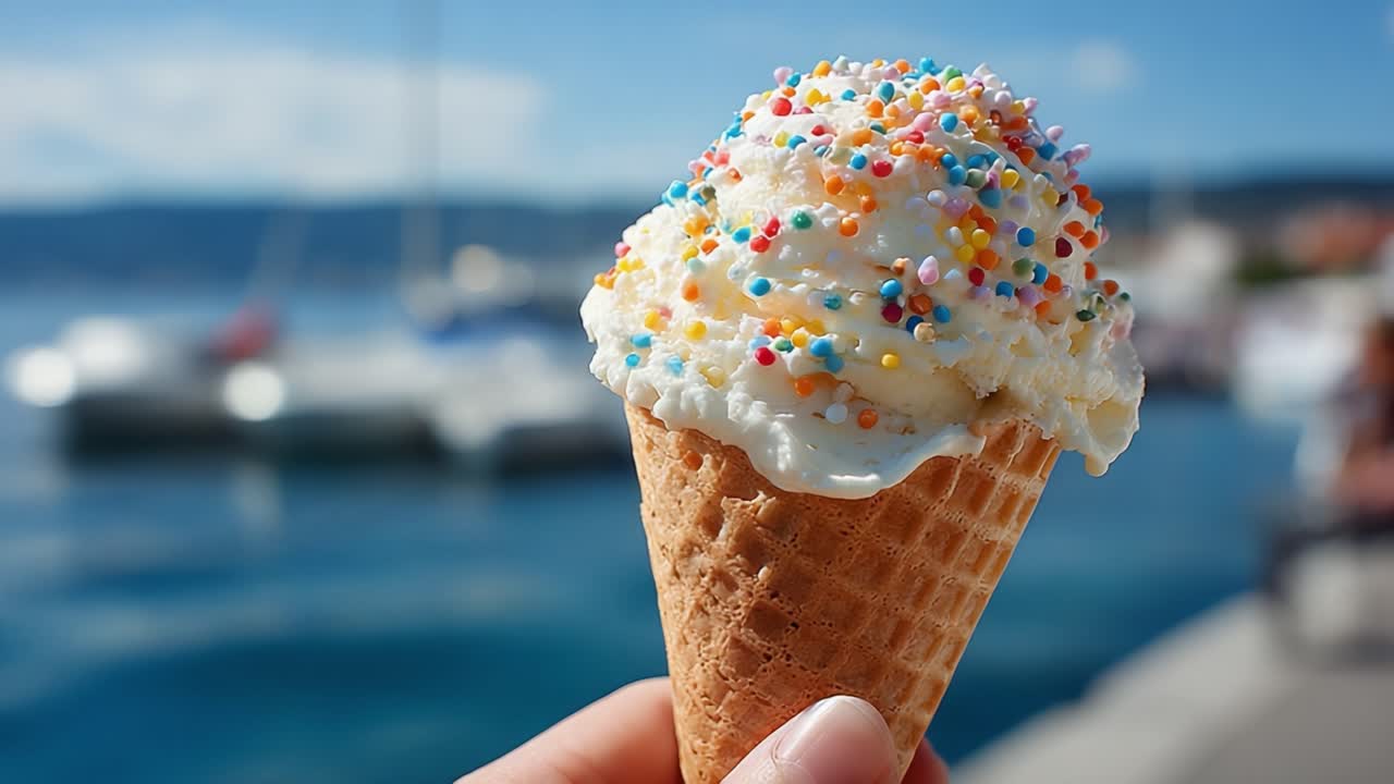 Delizioso cono gelato con codette colorate su uno splendido sfondo lungomare, perfetto per dolcetti estivi e indulgenza.