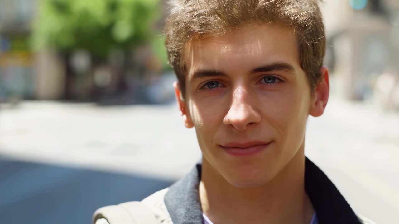 Giovane uomo pensieroso su una strada illuminata dal sole, studente con zaino si ferma e guarda attraverso un viale urbano.