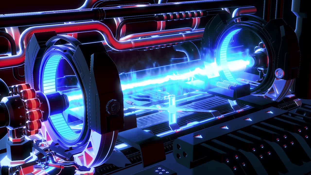 빛나는 파란색 에너지를 가진 미래 기술 기계