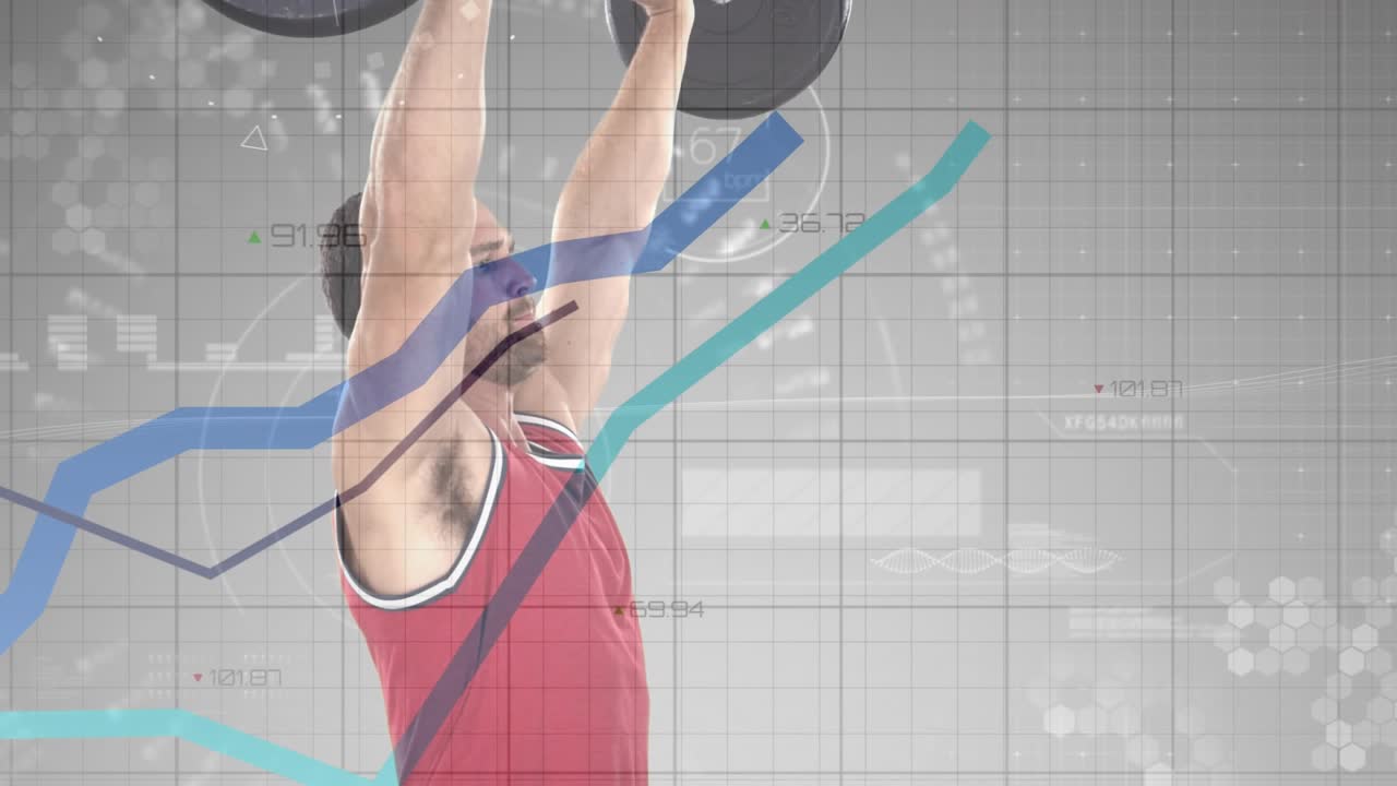 Male lifter bracing pulling bar pressing overhead and lowering for fitness test, HUD animating