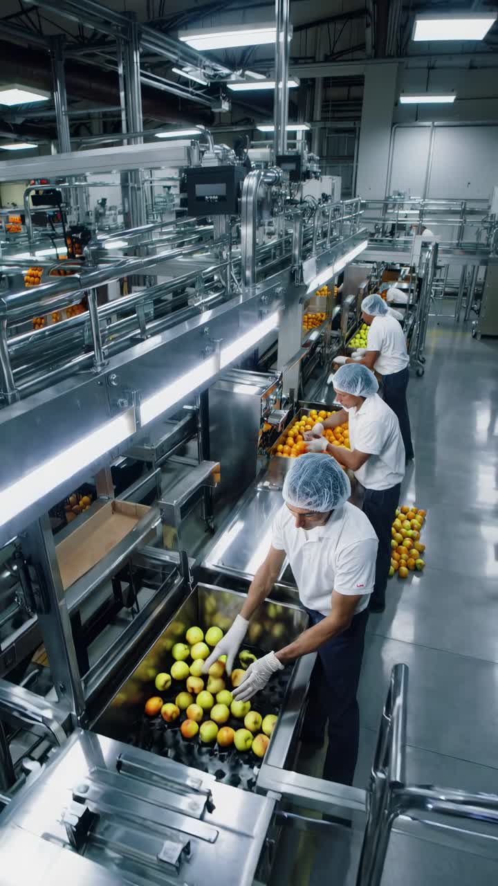 Vídeo em ângulo alto de uma linha de montagem de fábrica moderna com trabalhadores uniformizados